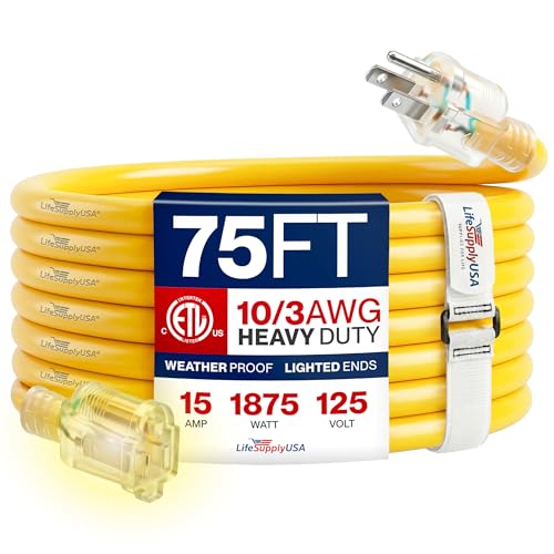 75ft Outdoor/Indoor Extension Cord 10/3 Gauge Ultra Heavy Duty 3 Prong SJTW, Waterproof, ETL Listed, Flexible Cold-Resistant Long Power Cord,15A 125V 1875W, Yellow by LifeSupplyUSA - color: Yellow, size: 75 FT, style: 10 Gauge (ULTRA HEAVY DUTY)