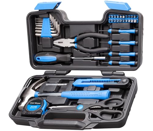 CARTMAN 39-Piece Home Tool Set Kit, Essential Household Hand Tools with Plastic Storage Case Blue - color: Blue