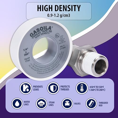Gasoila PTFE Thread Seal Tape – Professional-Grade, 1/4 Inch x 260 Inch, High-Density Thread Tape for Plumbing, HVAC, Gas Lines, Water Pipes, and Air Compressors – Leak-Proof Seal, Non-Toxic - size: 1/4 Inch X 260 Inch Roll- 1 Pack