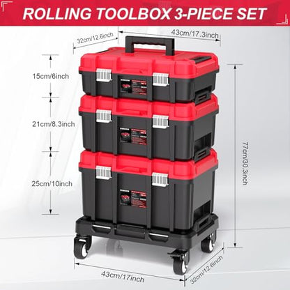 3-in-1 Rolling Tool Box with Wheels,Stackable Modular Tool Organizer System,17" Portable Waterproof Toolbox on Wheels for Garage,Mechanics and Home Repair (Red-Black)