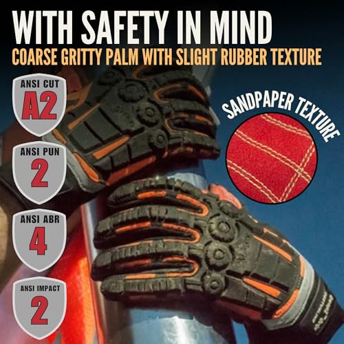 Cestus 3075, Coarse Palm Heavy Duty Work Gloves, ANSI A2 Cut Resistant Impact Gloves for Extrication Construction Demolition - size: Large, style: Red Palm