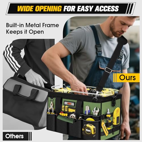 16-Inch Heavy Duty Tool Bag, 19-Pockets Tool Box Organizer, Portable Toolbag W/Soft Handle for Organized Storage, Mechanic Gifts for Men Dad Husband Fathers Day, Wide Mouth Electrician Toolbox, Green - style: Handle-Green