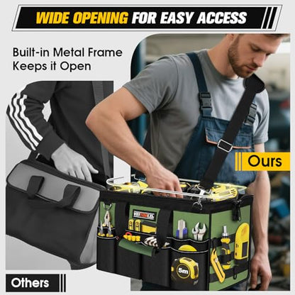 16-Inch Heavy Duty Tool Bag, 19-Pockets Tool Box Organizer, Portable Toolbag W/Soft Handle for Organized Storage, Mechanic Gifts for Men Dad Husband Fathers Day, Wide Mouth Electrician Toolbox, Green - style: Handle-Green