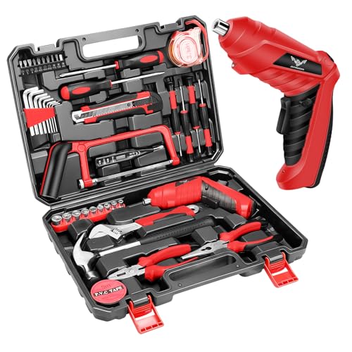 Household Tool Set with 3.6V USB Electric Screwdriver, 43 PCS Home Kit with Cordless Drill Driver, Hand Tool Kits for Women - color: Bright Red
