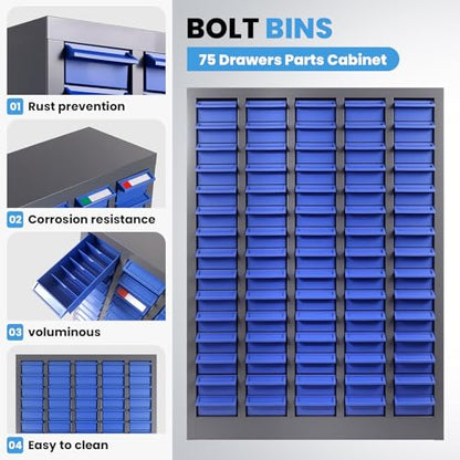 75 Drawer Nut and Bolt Organizer Cabinet, Small Parts Storage Cabinet Bolt Bin with Dividers & Labels, 26"X 9"X 36" Steel Frame Tool Organizer Parts Cabinet for Garage Hardware & Screw Storage - size: 75-Drawer