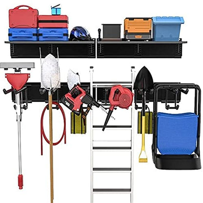 TORACK Garage Storage Organizer Systems, Wall Mount Overhead shelving, 48 inch Heavy Duty Steel Tool Racks, 6-Pack 12'' Double Hooks, 48 inch by 7 inch Floating Shelves, up to 1200Ibs - size: Upgraded Metal Rack
