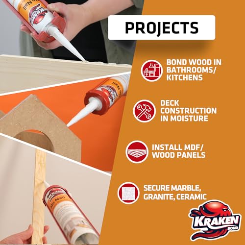 Kraken Bond No More Nails Heavy Duty Clear Adhesive - (12x10.1 Fl Oz) 100% Waterproof & Extra Strong Polyurethane Construction Sealant for Wood, Ceramic, Tile, Floor, Granite, Rubber - 12 Pack - size: 12 Pack, style: No More Nails Heavy Duty Adhesive
