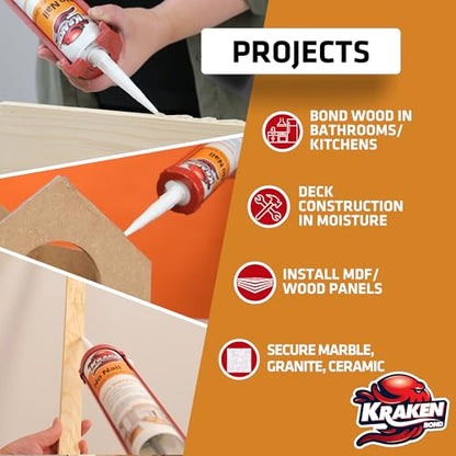 Kraken Bond No More Nails Heavy Duty Clear Adhesive - (12x10.1 Fl Oz) 100% Waterproof & Extra Strong Polyurethane Construction Sealant for Wood, Ceramic, Tile, Floor, Granite, Rubber - 12 Pack - size: 12 Pack, style: No More Nails Heavy Duty Adhesive