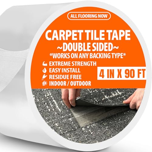 Carpet Tile Tape Wide Double Sided 4in x 90ft - Heavy Duty Reinforced Web Mesh & Residue Free - Indoor Outdoor for Carpet Tiles, Hardwood, Vinyl, Rugs, Carpet, Rubber & Mat Gripper - size: 4 IN x 90 FT