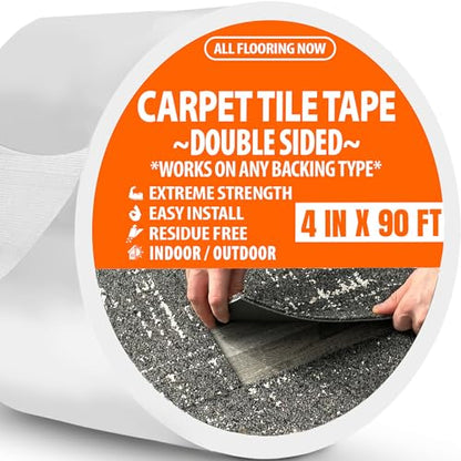 Carpet Tile Tape Wide Double Sided 4in x 90ft - Heavy Duty Reinforced Web Mesh & Residue Free - Indoor Outdoor for Carpet Tiles, Hardwood, Vinyl, Rugs, Carpet, Rubber & Mat Gripper - size: 4 IN x 90 FT