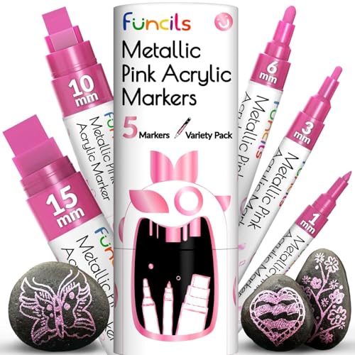 5 Acrylic Metallic Pink Paint Pen - Extra Fine Tip, Thin & Jumbo (1mm, 3mm, 6mm, 10mm, 15mm) - Paint Markers for Metal, Rocks, Plastic, Canvas, Wood, Fabric, Tire, Glass. Pink Permanent Marker - color: Metallic Pink