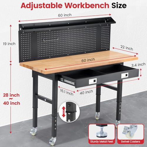 ENJOYWOOD 60" x 22" Heavy Duty Workbench Adjustable Height Garage Work Table with Solid Rubberwood Top, Wheels, Drawers, Pegboards & Power Outlets for Workshop, Home & Office - size: 60 Inch