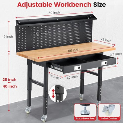 ENJOYWOOD 60" x 22" Heavy Duty Workbench Adjustable Height Garage Work Table with Solid Rubberwood Top, Wheels, Drawers, Pegboards & Power Outlets for Workshop, Home & Office - size: 60 Inch