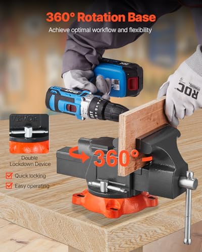 VEVOR Bench Vise, 5" Jaw Width, 5" Max Jaw Opening Multipurpose Vise with 360° Swivel Locking Base, 2.8" Throat Depth, Heavy Duty Ductile Iron Workbench Vise with Anvil, for Clamping Round Pipes - size: 5-inch