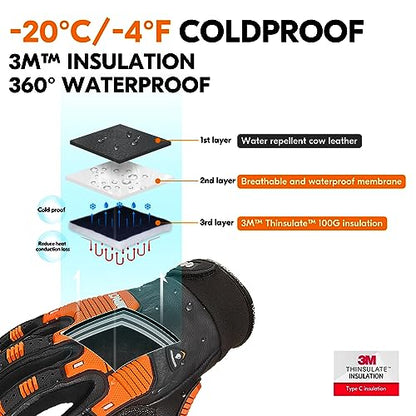 Vgo... 1 Pair -20℃/-4°F COLDPROOF,Winter Work Leather Gloves,Impact Gloves,Anti-Vibration,Water Resistant(CA7722FW) - color: Black, size: Large