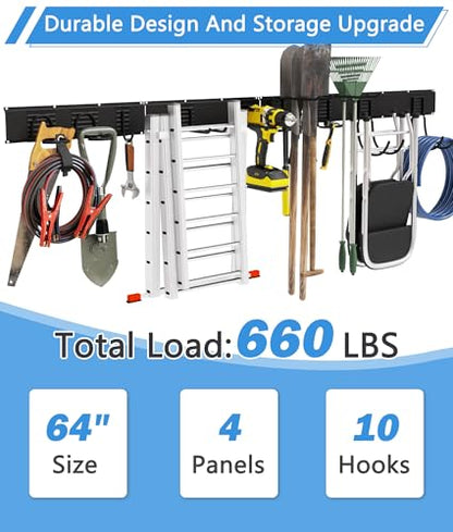64" Heavy Duty Garage Tool Organizer Wall Mount with 10 Adjustable Metal Hooks, Storage Rack for Garage Organization, Garden Tools, Yard, and Shed Storage, Holds up to 660 lbs