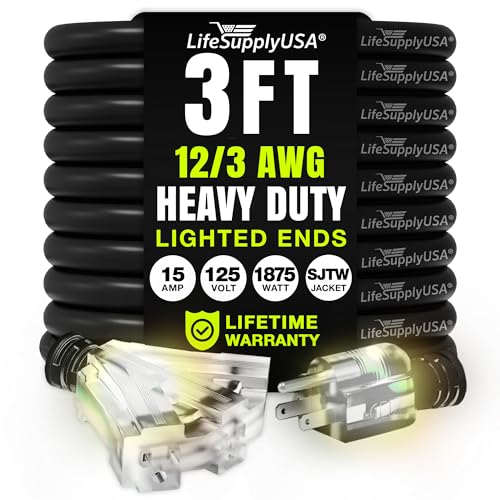 3ft Outdoor/Indoor Extension Cord 3-Outlet 12/3 Gauge Extra Heavy Duty 3 Prong SJTW, Waterproof, Flexible Cold-Resistant Long Power Cord,15A 125V 1875W, Black by LifeSupplyUSA - color: Black, size: 3FT