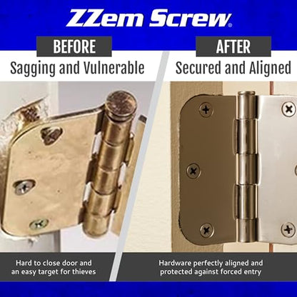 12-PK - #9x3 Brass Screws Permanent Door Hinge Repair Kit – Easy Stripped Screw Hole Fix – Reinforce Hinges, Strike Plates & Door Jamb – Quickly Fix Stripped Hinge Screws - Made in USA