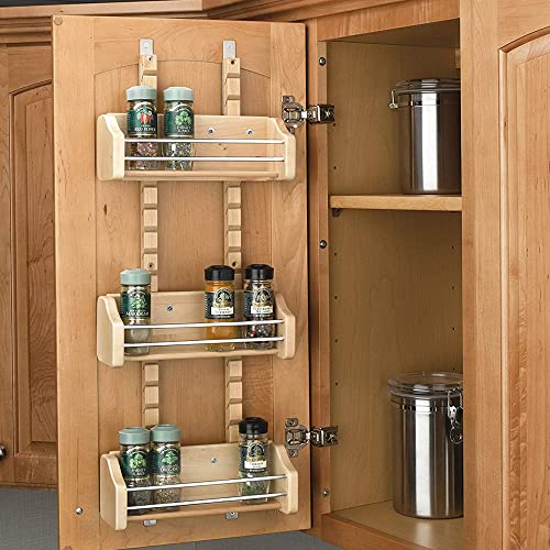 Rev-A-Shelf Pullout Wall Storage Organizer for Kitchen Cabinets, Sliding Door Mounted Spice Rack with 3 Adjustable Shelves, Maple Wood, 4ASR-15 - size: 10.13 Inches
