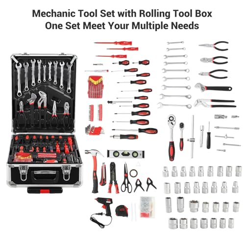 800 PCS Home Tool Set with Rolling Tool Box, Professional Mechanic Repair Kit, General Household Hand Tool Set with Aluminum Trolley Case for Homeowner, DIY