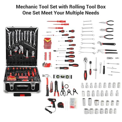 800 PCS Home Tool Set with Rolling Tool Box, Professional Mechanic Repair Kit, General Household Hand Tool Set with Aluminum Trolley Case for Homeowner, DIY