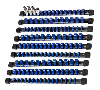 AMM 9-Piece Socket Organizer, 1/2 inch, 3/8 inch and 1/4 inch Drive ABS Tools-Blue Socket Holder,Heavy Duty Socket Racks, Premium Quality Socket Clip Rail Holder,The best tool trays in the garage - color: Blue, size: 9PC