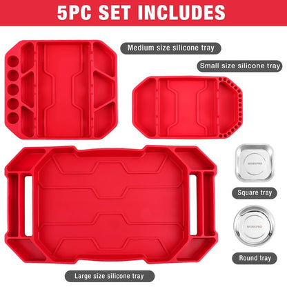 WORKPRO 5-Piece Non-Slip Tool Tray Set, 3-Piece Silicone Flexible Tools Organizers and 2-Piece Magnetic Parts Tool Tray, Tool Mat, Tool Holder, Tool Storage (Only Parts Tray Magnetic)