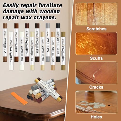 Wood Filler Sticks,12colors Wood Wax Crayons for Repairing Scratches, Scuffs, Cracks, and Nail Holes on Wood Furniture, Floors, Cabinets, Tables, and Doors