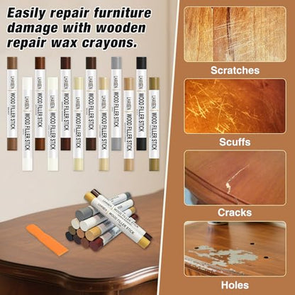 Wood Filler Sticks,12colors Wood Wax Crayons for Repairing Scratches, Scuffs, Cracks, and Nail Holes on Wood Furniture, Floors, Cabinets, Tables, and Doors