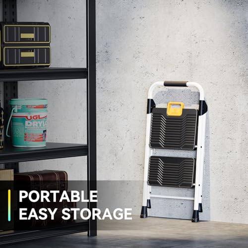 KINGRACK 2 Step Folding Ladder, 800lbs Capacity Step Stool with Safety Lock, Non-Skid Wide Pedals, and Handrail, Lightweight, Household Ladder for Home, Kitchen, Pantry, Closets, and Office Use, White - size: 2-STEP
