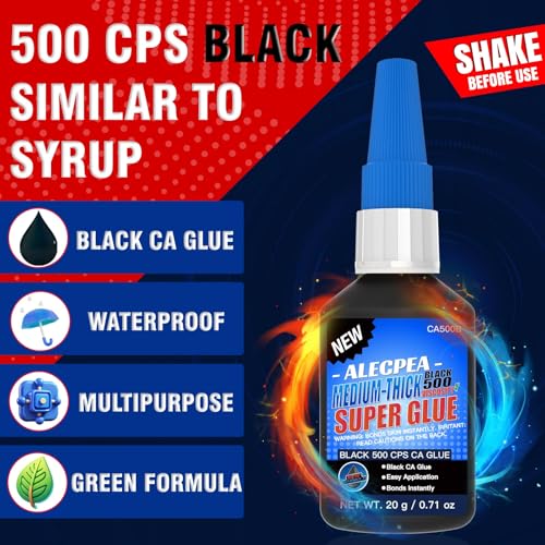 20g Black Medium-Thick CA Glue (500 CPS),Premium Cyanoacrylate Super Glue for Wood, Glass, Metal, Paper, Leather, Plastic, Ceramic, Rubber, Jewelry, Woodworking, Hobby Models, and Craft Project - size: Black/500CPS