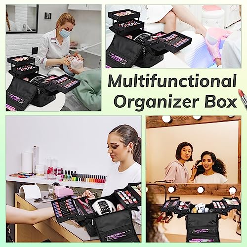 Deciniee Travel Makeup Bag, 4 Trays Large Cosmetic Bag for Woman with Adjustable Dividers, Organizer Bag Waterproof, Travel Essentials Cosmetic Bag, Train Case for Nail Tech Black - color: Black PU Rhombic Regular