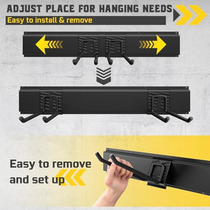 96" Garage Tool Organizer Wall Mount, 1250lbs Heavy Duty Garden Tool Storage Rack with 15 Adjustable Hooks for Yard, Shed, Garage (6 Racks, 15 Hooks, 2 Straps, Steel) - size: 96inch