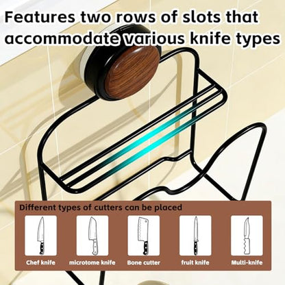 Wall Mounted Knife & Cutting Board Holder – No Drill Vacuum Suction Organizer with Slots for Knives, Cleavers & Kitchen Tools | Space-Saving Wall/Under-Cabinet Iron Rack