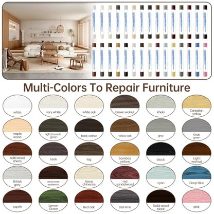 30+2P Wood Filler Sticks, 30 Colos Wood Filler Putty Wax Crayons Furniture Repair Kit Putty Stick for Baseboard Cabinets Furniture Floors(with 2 Scrapers)