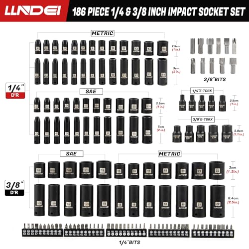 LLNDEI 1/4 & 3/8 Inch Drive Impact Socket Set, 186 Pieces Metric and Standard Full Sockets, CR-V Deep & Shallow Sockets Tool Set with Ratchet Wrench Handle, Spark Plug Socket, Bits for Mechanic - size: 186-piece 1/4" & 3/8" Drive Socket Set