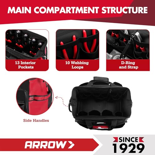 ARROW 17" Large Tool Bag with 36 Multipurpose Pockets, Tool Bags for Men Heavy Duty with Waterproof Hard Base, Reflective Band, Wide Open Mouth Toolbag for Electrician Mechanic Plumber HVAC - size: 17 Inch