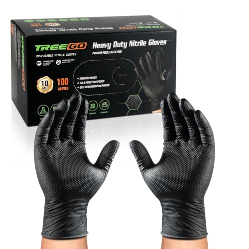TREEGO 10 Mil Black Nitrile Gloves Heavy Duty — Raised Diamond Texture Grip, Latex Free Disposable Mechanic Work Gloves, Large, 100 Count - color: Black 100, size: Large