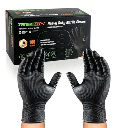TREEGO 10 Mil Black Nitrile Gloves Heavy Duty — Raised Diamond Texture Grip, Latex Free Disposable Mechanic Work Gloves, Large, 100 Count - color: Black 100, size: Large