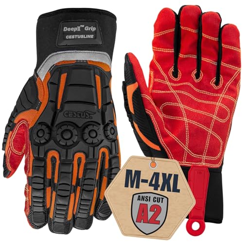 Cestus 3075, Coarse Palm Heavy Duty Work Gloves, ANSI A2 Cut Resistant Impact Gloves for Extrication Construction Demolition - size: 4X-Large, style: Red Palm