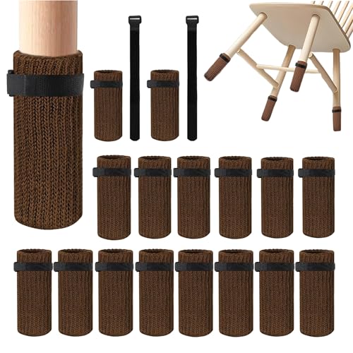 16 PCS Furniture Leg Socks with Hook-and-Loop Fastener - Brown Knit Chair Leg Floor Protectors for Hardwood Floors - High-Elasticity Furniture Socks with Fasteners Stays in Place Well - size: 16 Pcs Brown With Fasteners