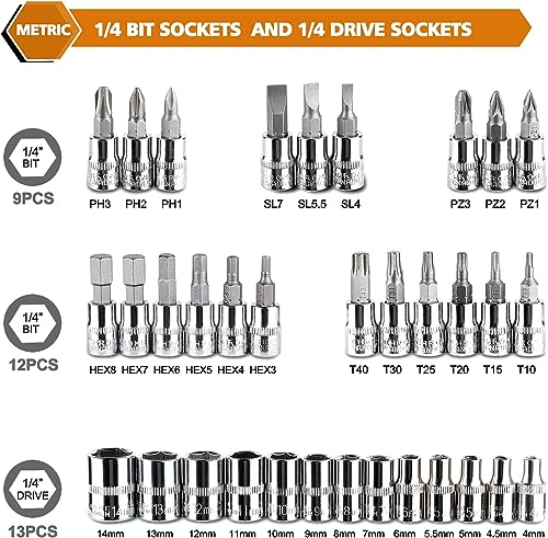 Egofine 46 Pieces 1/4 inch Drive Socket Ratchet Wrench Set, with Bit Socket Set Metric and Extension Bar for Auto Repairing and Household, with Storage Case - style: 1/4" 46 PCS
