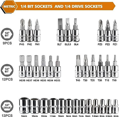 Egofine 46 Pieces 1/4 inch Drive Socket Ratchet Wrench Set, with Bit Socket Set Metric and Extension Bar for Auto Repairing and Household, with Storage Case - style: 1/4" 46 PCS