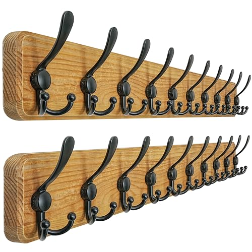 Dseap Coat Rack Wall - Heavy-Duty 38-1/4" Long, with Reinforced 10 Custom Tri-Hooks, Solid Wood Wall Hanger for Coats Hat Jackets - Rustic Farmhouse Entryway Storage,Weathered Brown & Black,Pack of 2 - color: Weathered Brown & Black, size: L=38.3"