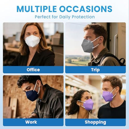 akgk KN95 Face Mask, Breathable Protection Masks, 5-Ply KN95 Multicolor Masks, Cup Dust Safety Masks 50 PCS(Black, White, Grey, Purple, Navy Blue) - color: Multi