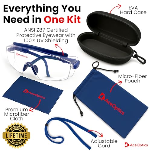 Safety Glasses & Goggles – ANSI Z87, Adjustable, 5X Anti-Fog ClearShield™ Lenses, Includes Premium EVA Hard Case - color: Blue