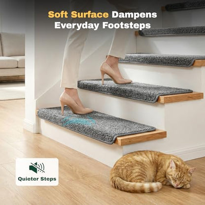 MBIGM Bullnose Non-Slip Stair Treads w/Reusable Adhesive 14 Pack 9.5" x 30" Wooden Steps Protection - TPU Backing with Steel Reinforcement - Anti-Slip Solution Knitted Dark Gray Non Slip Stair Tread - color: Dark Gray - Knitted