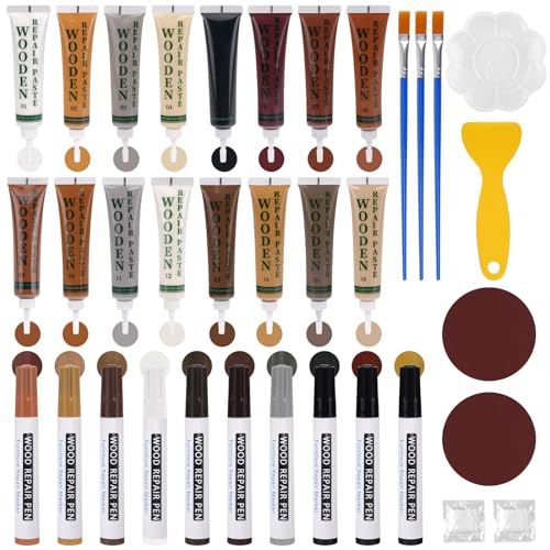 Wood Filler Repair Kit – 26 Colors (16 Fillers + 10 Markers) for Wood Floor Scratch Repair, Fix Scratches, Cracks & Holes on Furniture, Cabinets & Tables