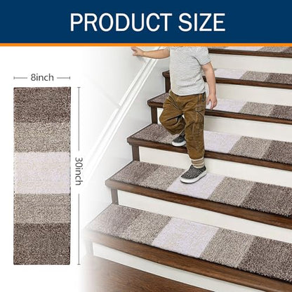 OLANLY Stair Treads Non Slip 15PCS, 8" x 30" Indoor Stair Runners for Wooden Steps, Edging Stair Rugs with Reusable Peel and Stick Adhesive for Kids Elders and Pets, Light Brown - color: Light Brown
