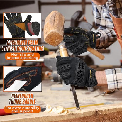 HANDLANDY Mens Work Gloves Touch screen, Utility Mechanic Gloves, Flexible Breathable Fit- Padded Knuckles & Palm - color: Light Black, size: Medium